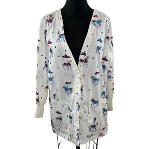 Landau White Scrub Top Cotton Carousel Long Sleeve Button Front Size M Med NEW